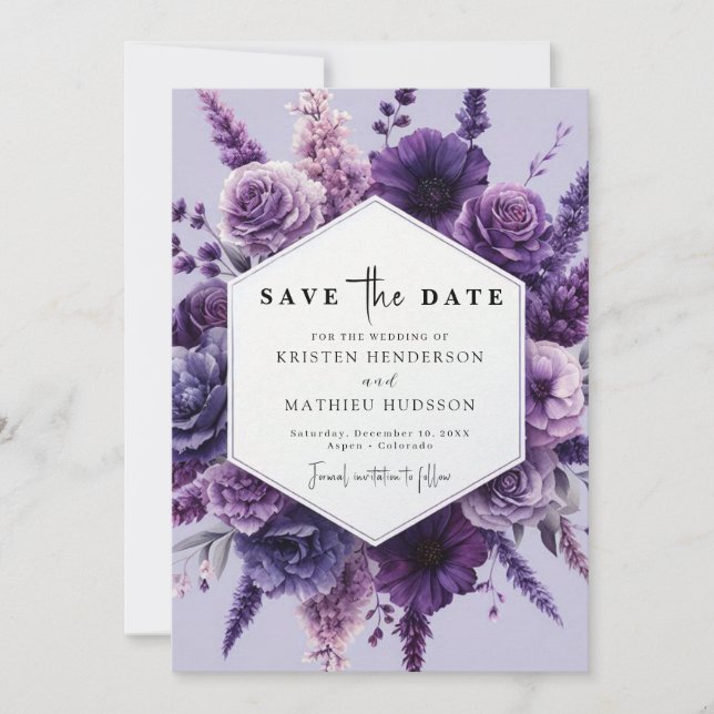Reserve A Data Casamento Floral Roxo das Flores Digitais (Frente)