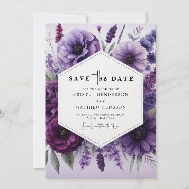 Reserve A Data Casamento Floral Roxo das Flores Modernas (Frente)