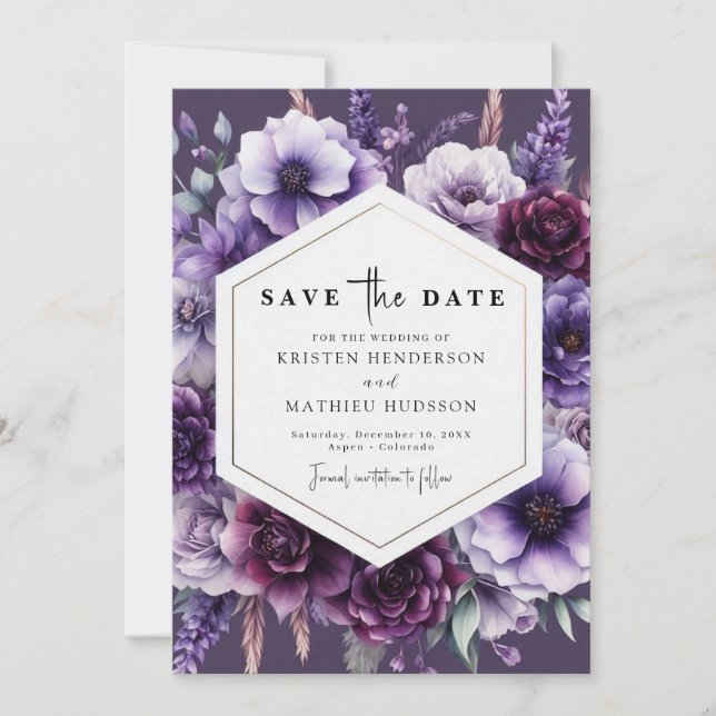 Reserve A Data Casamento Floral Roxo de Campo Moderno (Frente)