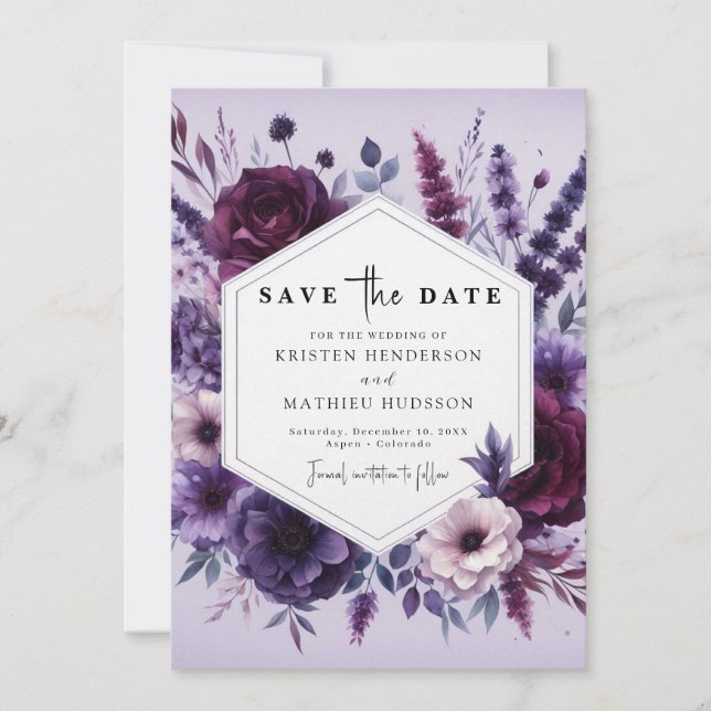 Reserve A Data Casamento Floral Roxo de Florais Único (Frente)