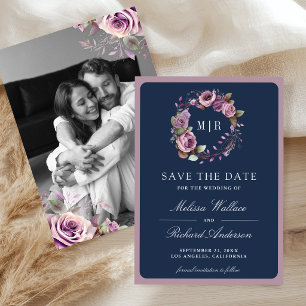 Reserve A Data Casamento Floral Roxo Empoeirado Rústico Foto Azul