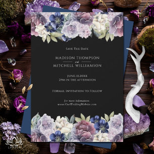 Reserve A Data Casamento Floral Roxo Gótico de Corvos em Aquarela