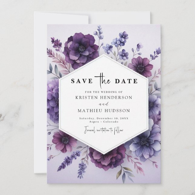 Reserve A Data Casamento Floral Roxo Imprimível na moda (Frente)