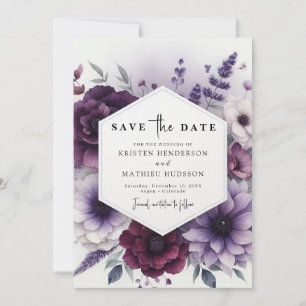 Reserve A Data Casamento Floral Roxo Mínimo Elegante