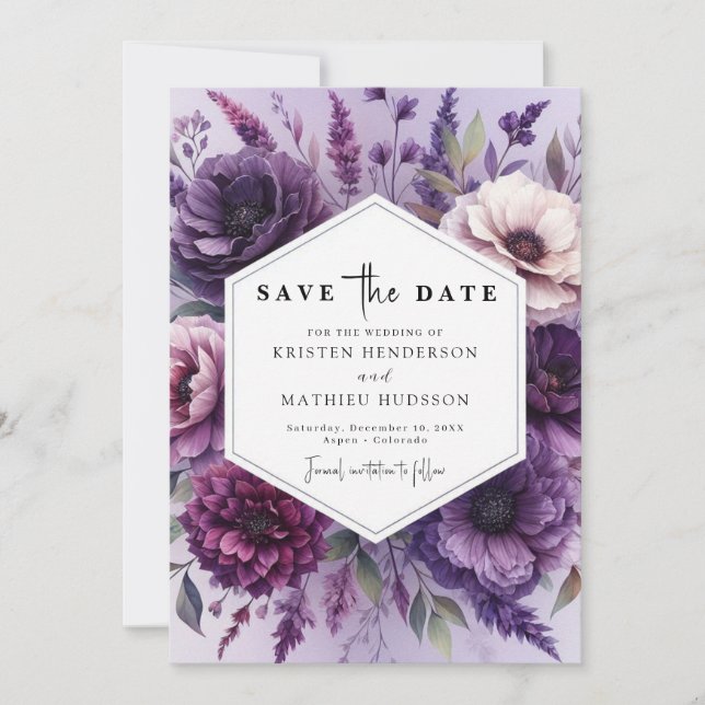 Reserve A Data Casamento Floral Roxo Mínimo Imprimível (Frente)