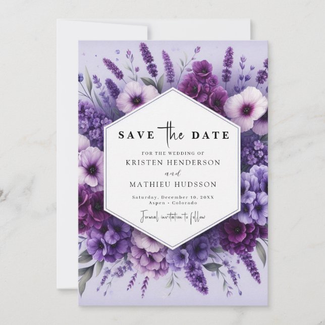 Reserve A Data Casamento Floral Roxo-Romântico Personalizado (Frente)