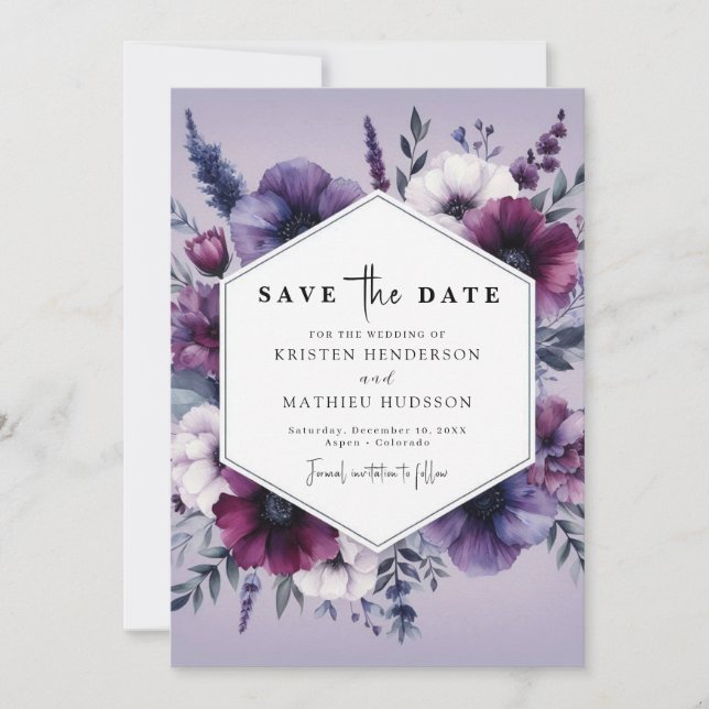 Reserve A Data Casamento Floral Roxo Único Chic (Frente)