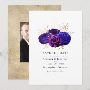 Reserve A Data Casamento Floral Roxo Vintage, Azul Real e Dourado