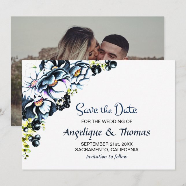 Reserve A Data Casamento Floral Rustic Blue (Frente/Verso)