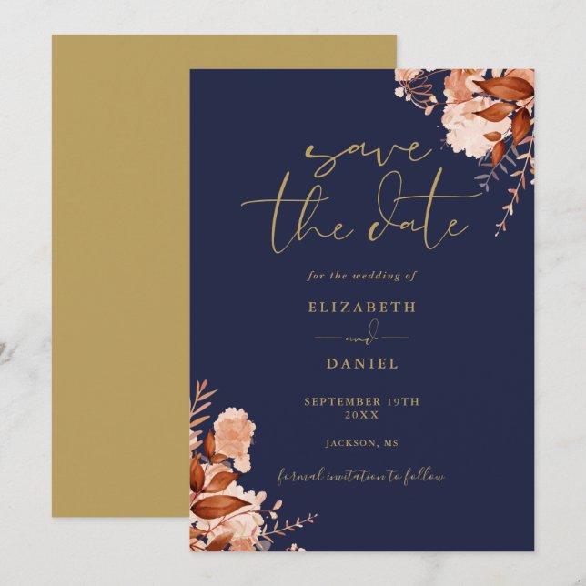 Reserve A Data Casamento Floral Rústico Elegante Azul Marinho e D (Frente/Verso)