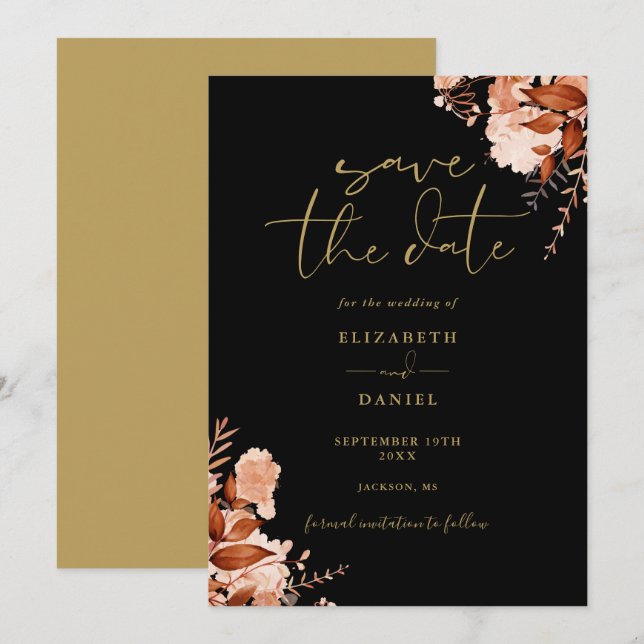 Reserve A Data Casamento Floral Rústico Elegante Preto e Dourado (Frente/Verso)