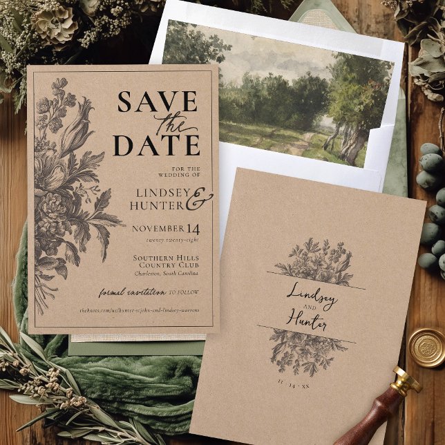 Reserve A Data Casamento Floral Rústico Kraft Boho Monograma (Elegant vintage floral bouquet rustic kraft & black boho custom monogram wedding save the date card)