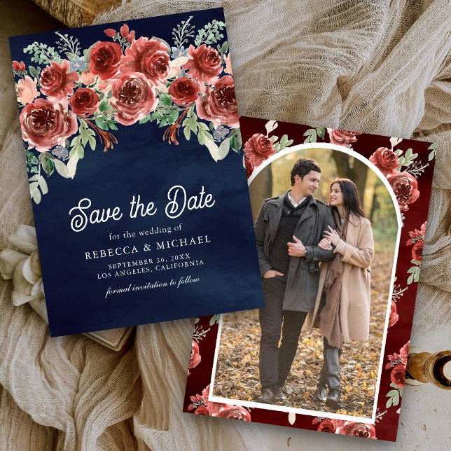 Reserve A Data Casamento Floral Rústico Marsala Foto Azul Marinho (Criador carregado)