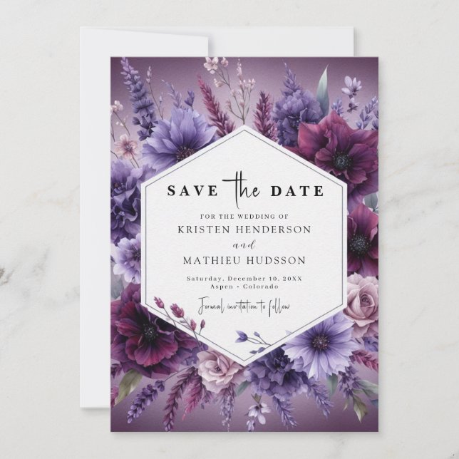 Reserve A Data Casamento Floral Simples De Roxo Botânico (Frente)