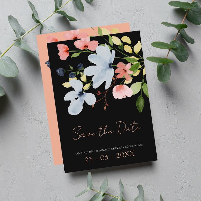 Reserve A Data Casamento Floral Simples Preto e Rosa (Criador carregado)