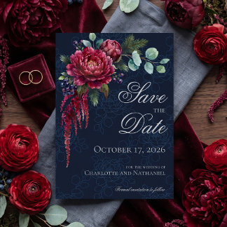 Reserve A Data Casamento Floral Sombrio Azul Profundo Elegante
