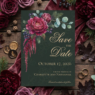 Reserve A Data Casamento Floral Sombrio Verde Profundo Elegante