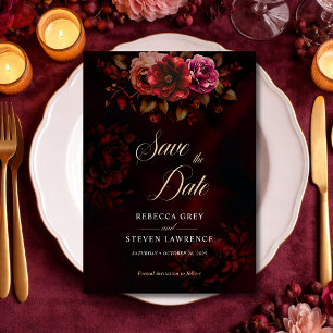 Reserve A Data Casamento floral sombrio vermelho elegante 