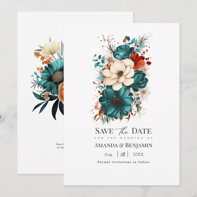 Reserve A Data Casamento Floral Teal Burnt Orange & Champagne (Frente/Verso)