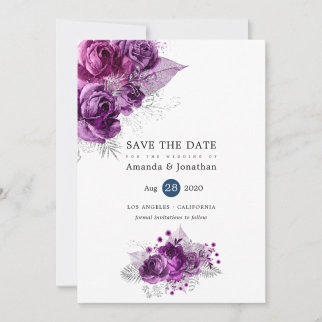 Reserve A Data Casamento Floral Tropical com Brilho em Roxo e Azu (Frente)