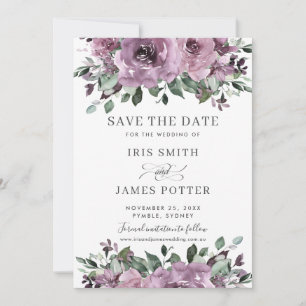 Reserve A Data Casamento Floral Verde com Roxo Ameixa Mauve Rústi