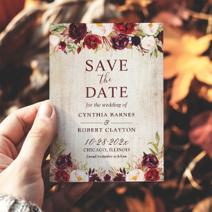 Reserve A Data Casamento Floral Vermelho Rustic Wood Burgundy