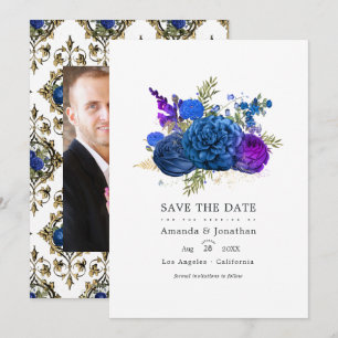 Reserve A Data Casamento Floral Vintage Azul Marinho, Dourado e R