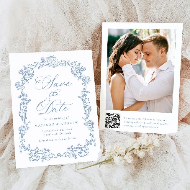 Reserve A Data Casamento Floral Vitoriano Azul Elegante Código QR (Criador carregado)