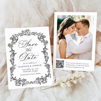 Reserve A Data Casamento Floral Vitoriano com Código QR Elegante