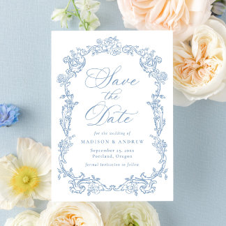 Reserve A Data Casamento Floral Vitoriano em Azul Poeirento Elega