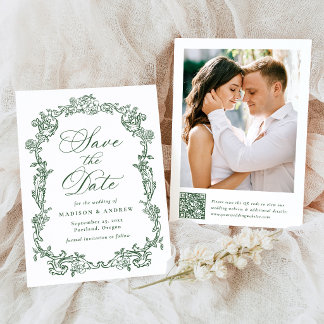 Reserve A Data Casamento Floral Vitoriano Verde Elegante Código Q