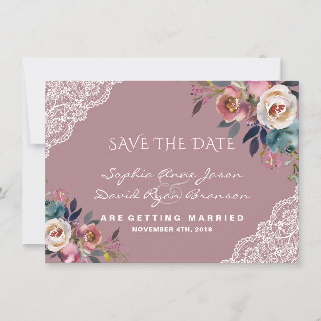 Reserve A Data Casamento Flores Azul Poeira Rosa Poeira Caprichos (Frente)
