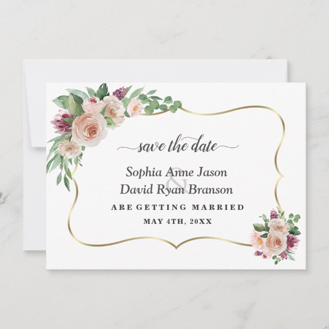 Reserve A Data Casamento Flores Champanhe Blush Caligrafia Charme (Frente)