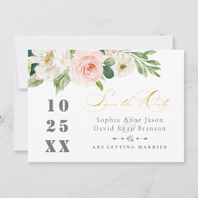 Reserve A Data Casamento Flores Cor-de-rosa Elegantes com Dourado (Frente)