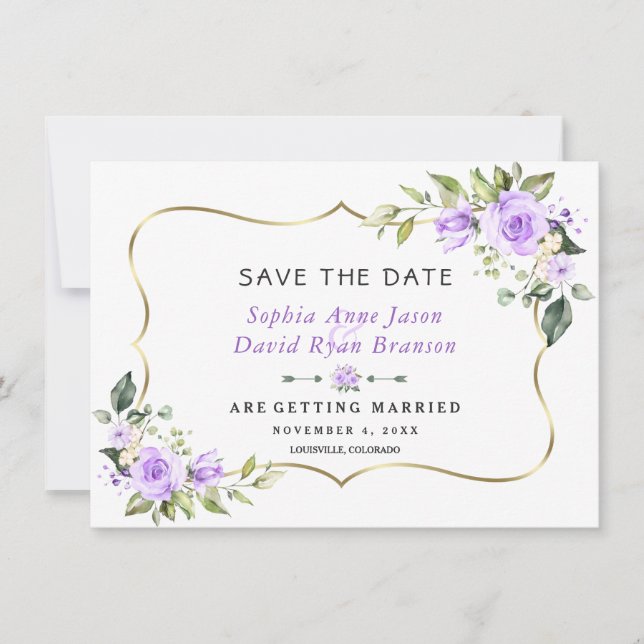 Reserve A Data Casamento Flores de Lavanda Moldura Dourada (Frente)