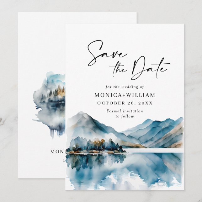 Reserve A Data Casamento Floresta Montanhas Aquarela Elegante (Frente/Verso)