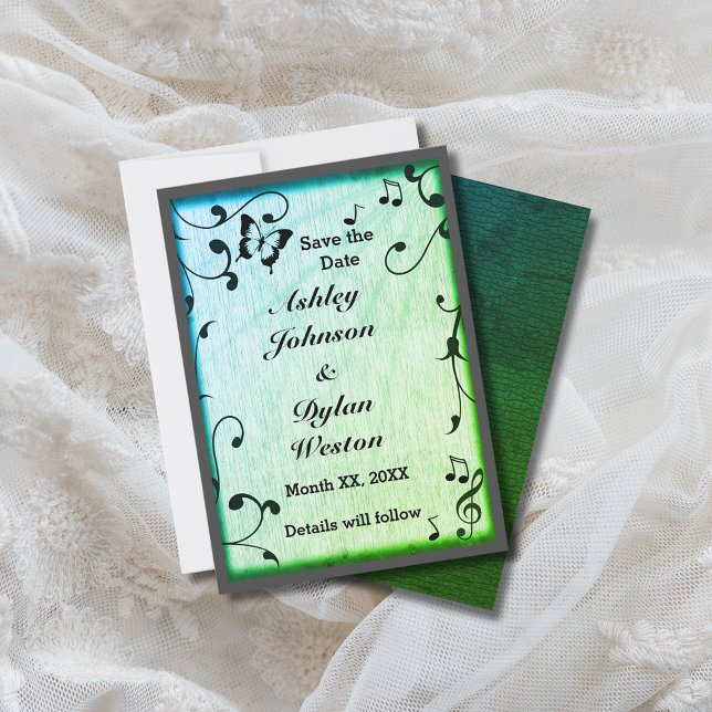 Reserve A Data Casamento Folhas Madeira Verde Borboleta de Música (Music Butterfly Leaves Green Wood Wedding Save The Date)