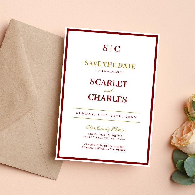 Reserve A Data Casamento Formal Clássico com Monograma em Borgonh (Burgundy and gold monogram save the date builds excitement with a refined, personal touch.)