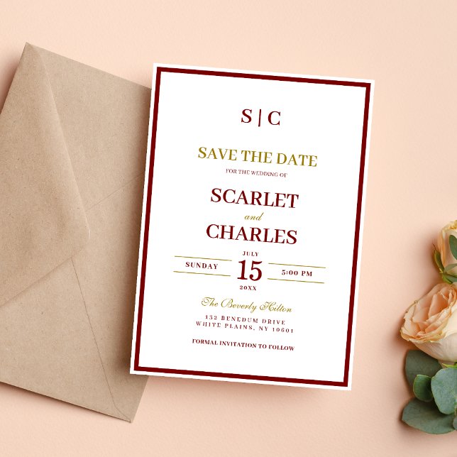 Reserve A Data Casamento Formal Clássico com Monograma em Borgonh (Burgundy and gold monogram save the date announces your wedding with elegant, personalized charm.)
