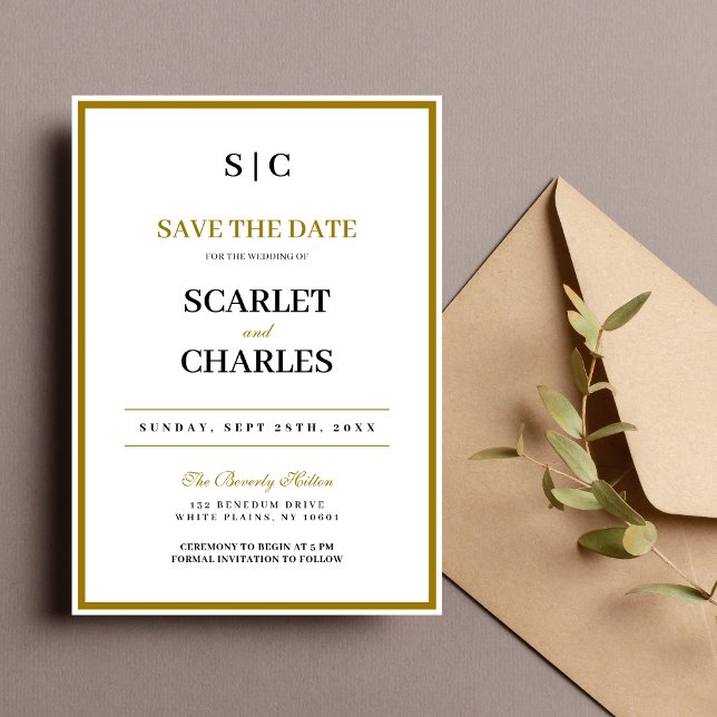Reserve A Data Casamento Formal Clássico Preto Dourado Monograma (Formal black and gold monogram save the date sets an elegant tone for your wedding.)
