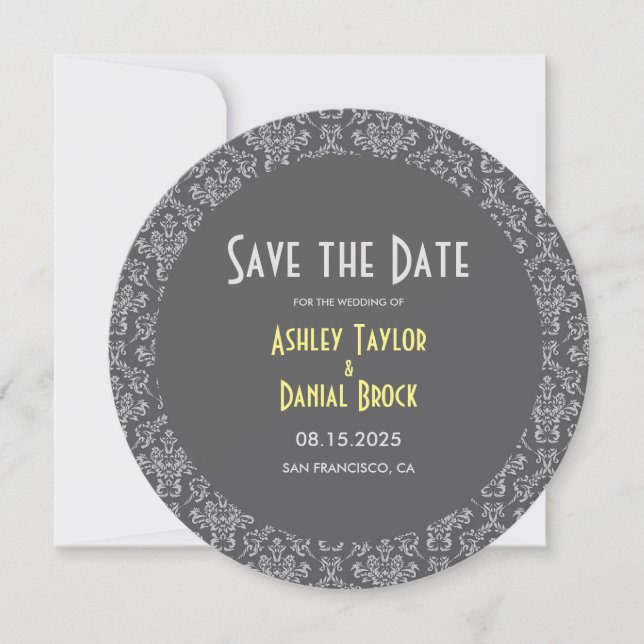 Reserve A Data Casamento Formal da Cinza Chic Damask Art Deco (Frente)
