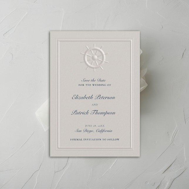 Reserve A Data Casamento Formal Da Marinha Costeira Náutica Helm  (coastal nautical wedding save the date faux embossed boat helm double frame modern classic navy )