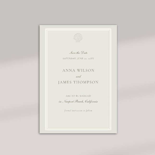 Reserve A Data Casamento Formal Ecru Clássico de Seashell Náutico (formal wedding save the date nautical beach ocean modern classic ecru triple frame calligraphy type)