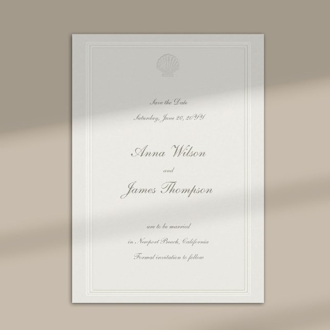 Reserve A Data Casamento Formal Náutico de Conchas Marinhas Ecru (modern classic wedding save the date coastal nautical shell ecru script formal traditional elegant)