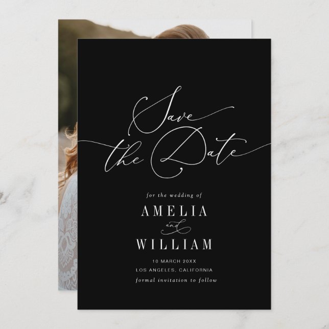 Reserve A Data casamento formal preto e branco elegante (Frente/Verso)