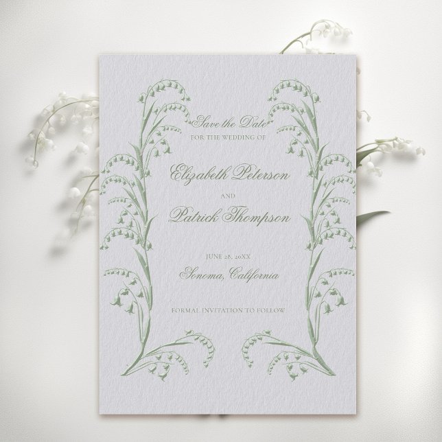Reserve A Data Casamento Formal Verde de Lily Valley Embossed (formal wedding save the date classic traditional faux embossed lily of the valley frame ivory green)