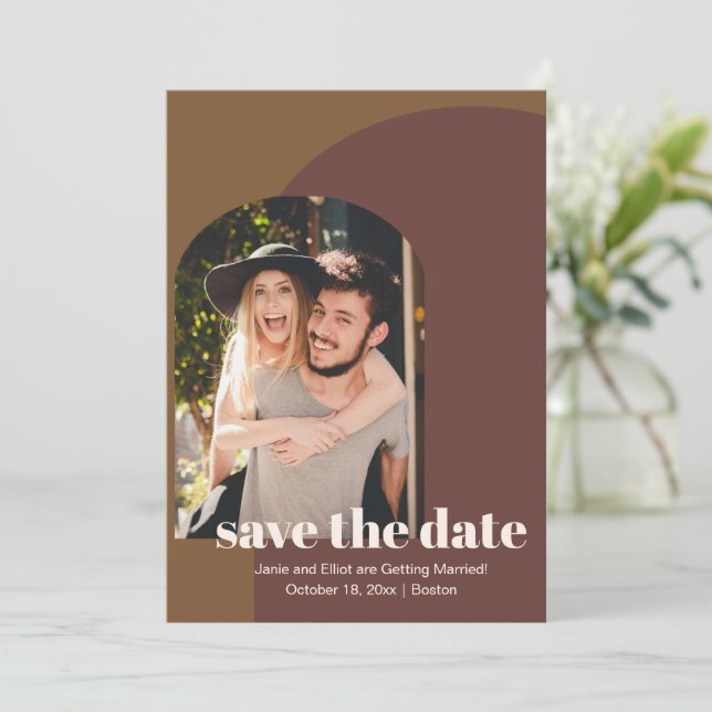 Reserve A Data Casamento Foto Arco Geométrico Marrom Retro 70 (Em pé/Frente)