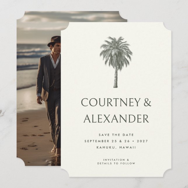 Reserve A Data Casamento Foto de Palma Tropical Vintage Elegante (Frente/Verso)