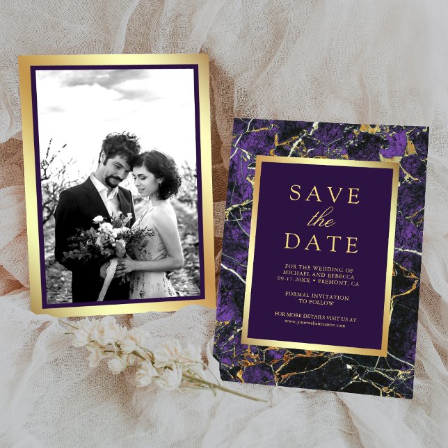 Reserve A Data Casamento Foto Dourada Mármore Roxo (Criador carregado)