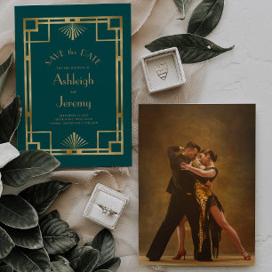 Reserve A Data Casamento Foto Dourado Teal Deco Vintage 1920